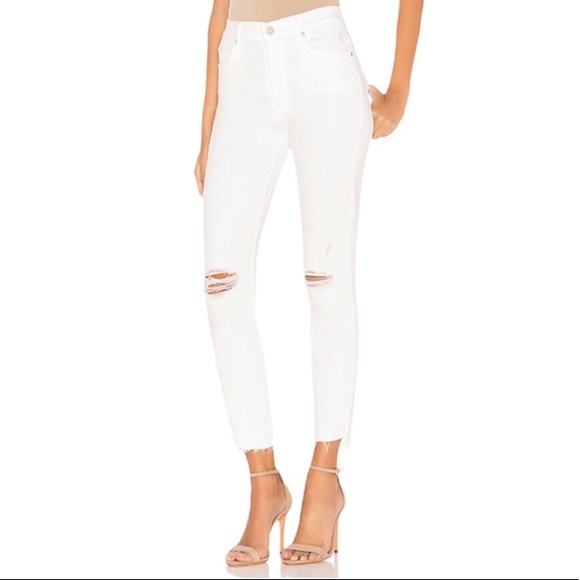 MOTHER Denim - MOTHER Stunner Zip Ankle Step Fray Jean in Little Miss Innocent White Distressed